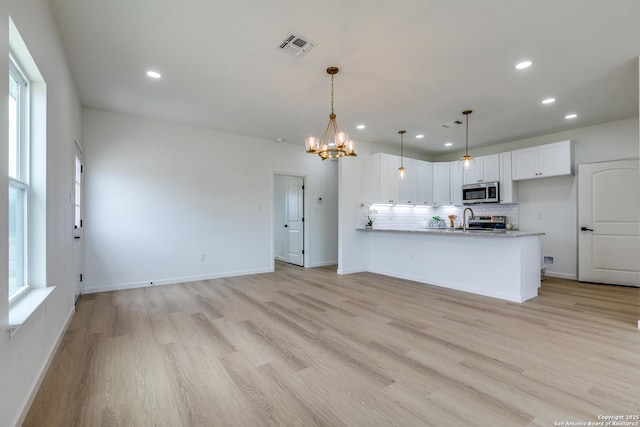 kitchen with visible vents, a peninsula, white cabinetry, backsplash, and stainless steel appliances