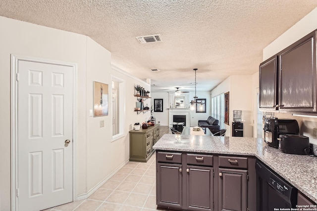 kitchen with a ceiling fan, a fireplace, dishwasher, a peninsula, and open floor plan