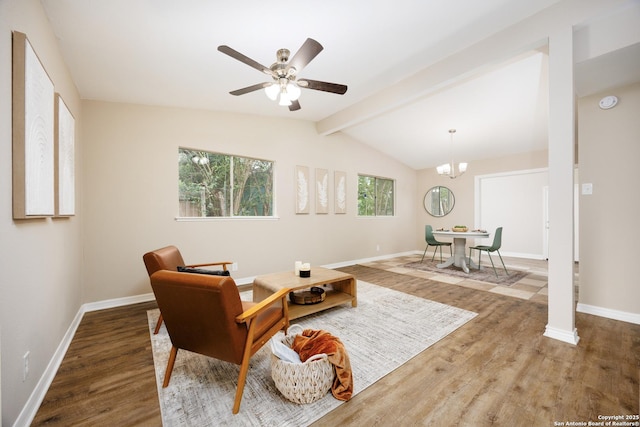 5154 Village Grn, San Antonio, TX 78218 - living area with baseboards, ceiling fan, lofted ceiling with beams, and wood finished floors