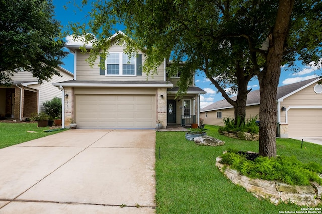 traditional-style house with concrete driveway, a front yard, and brick siding