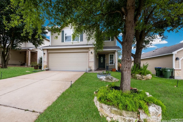 traditional-style house featuring a garage, concrete driveway, a front yard, and brick siding