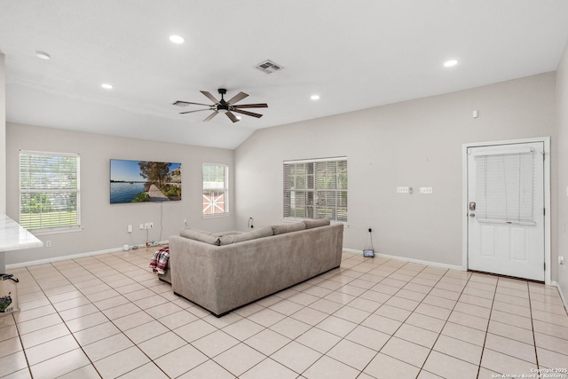 living room featuring recessed lighting, a ceiling fan, and baseboards