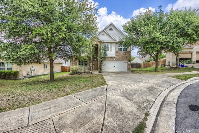 view of front of home with a garage, brick siding, fence, a front lawn, and concrete driveway