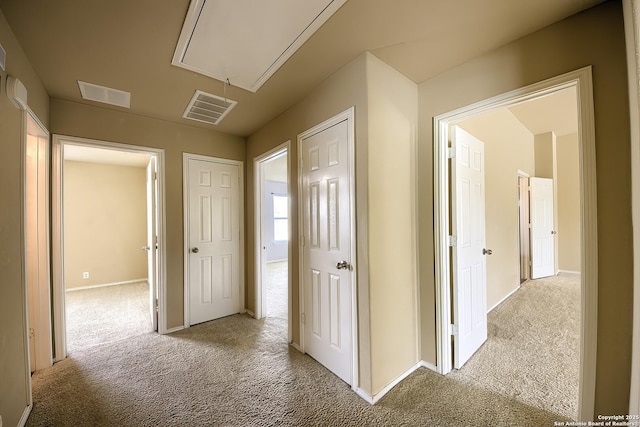 corridor featuring visible vents, attic access, carpet, and baseboards
