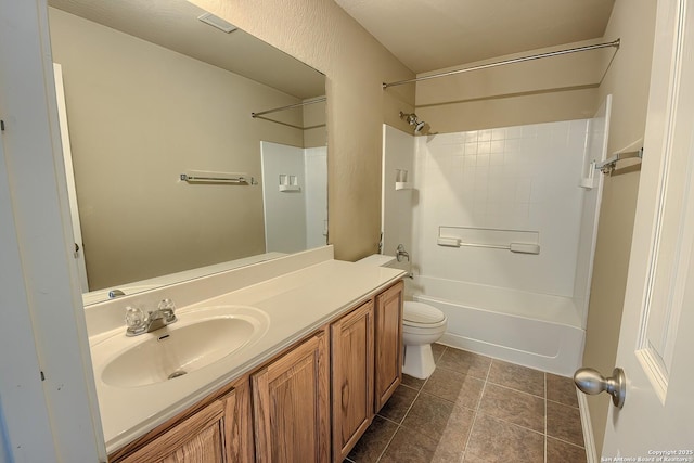 bathroom with shower / bathtub combination, toilet, and vanity