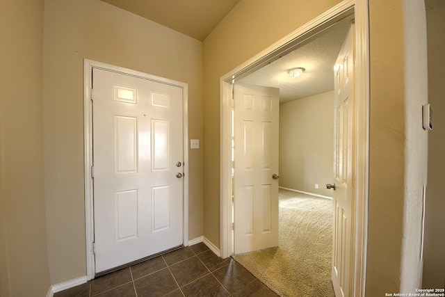 foyer entrance with baseboards and dark tile patterned flooring