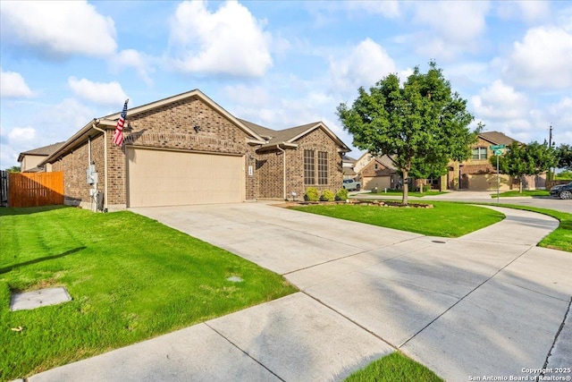 ranch-style house featuring brick siding, fence, a front lawn, concrete driveway, and an attached garage