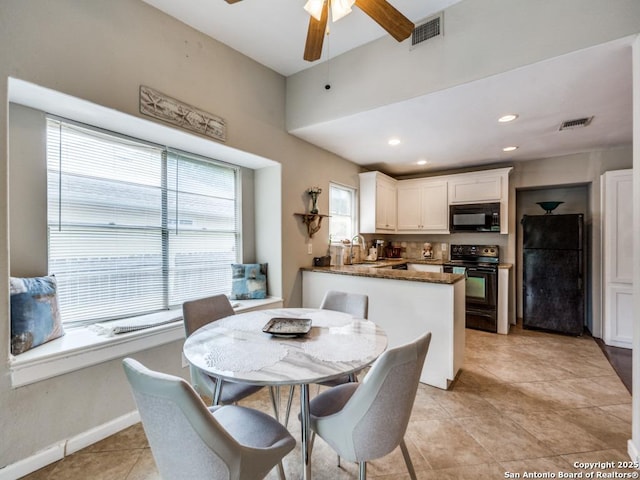 dining area featuring visible vents, recessed lighting, ceiling fan, and light tile patterned floors