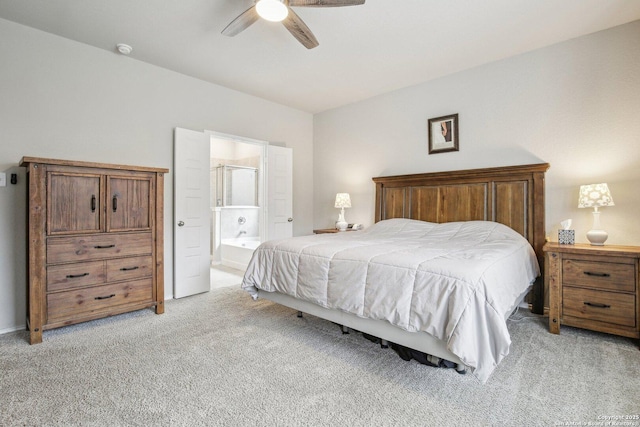 9223 Yaya, Converse, TX 78109 - bedroom with light colored carpet, ceiling fan, and ensuite bath