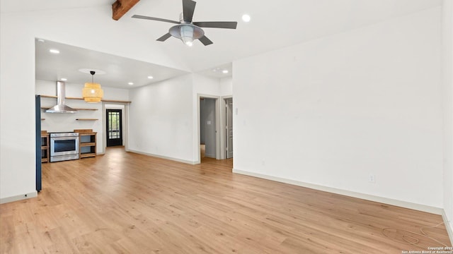 unfurnished living room with light wood finished floors, recessed lighting, and beam ceiling