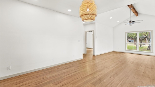 interior space featuring ceiling fan, baseboards, vaulted ceiling with beams, recessed lighting, and light wood-style flooring