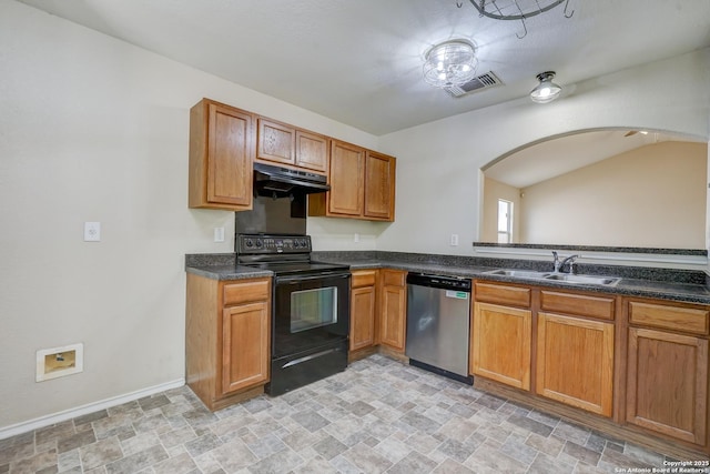kitchen with stainless steel dishwasher, visible vents, electric range, arched walkways, and a sink