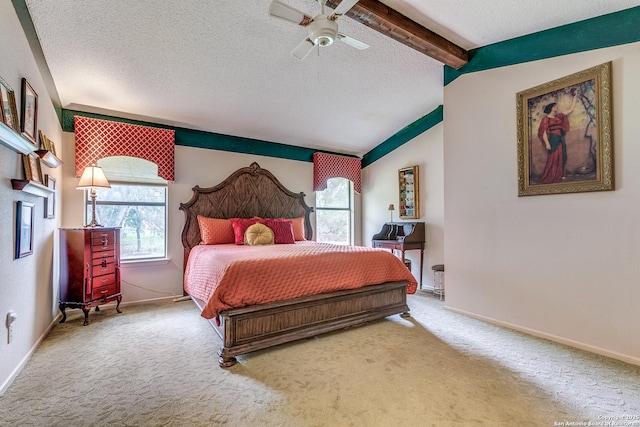 15111 Elkton, San Antonio, TX 78232 - bedroom featuring carpet flooring, baseboards, lofted ceiling with beams, and multiple windows