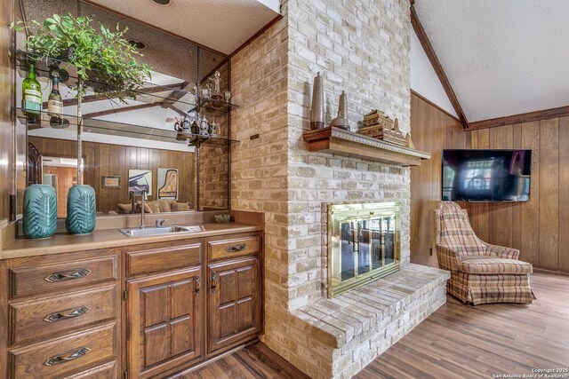 15111 Elkton, San Antonio, TX 78232 - bathroom with wood finished floors, wood walls, a textured ceiling, and lofted ceiling