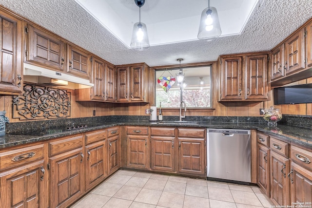 15111 Elkton, San Antonio, TX 78232 - kitchen with a textured ceiling, dishwasher, a sink, black electric stovetop, and under cabinet range hood