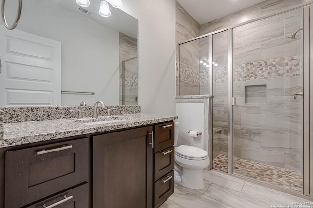 8314 Marek, San Antonio, TX 78224 - bathroom with vanity, a stall shower, toilet, and marble finish floor