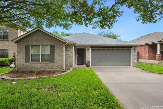 9503 Kirk Pond, San Antonio, TX 78240 - single story home with an attached garage, concrete driveway, a front yard, a shingled roof, and brick siding