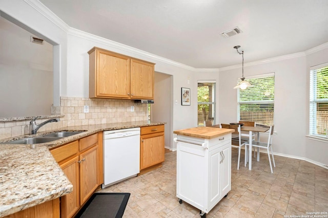 9503 Kirk Pond, San Antonio, TX 78240 - kitchen with dishwasher, a sink, decorative backsplash, crown molding, and wooden counters