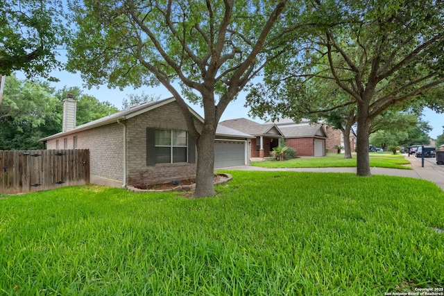 9503 Kirk Pond, San Antonio, TX 78240 - ranch-style house with a garage, a chimney, stone siding, and concrete driveway