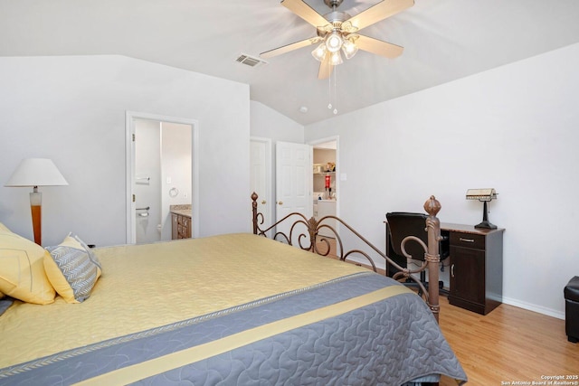 9503 Kirk Pond, San Antonio, TX 78240 - bedroom with vaulted ceiling, light wood-type flooring, ensuite bath, baseboards, and ceiling fan