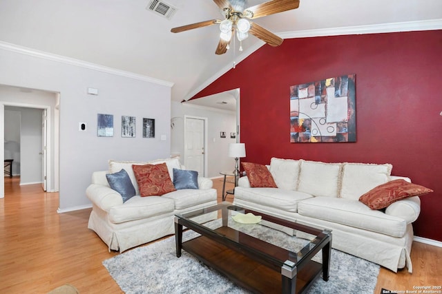 9503 Kirk Pond, San Antonio, TX 78240 - living room with wood finished floors, ceiling fan, crown molding, baseboards, and vaulted ceiling