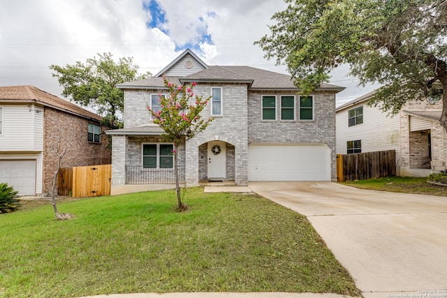 traditional-style house with brick siding, a garage, fence, and concrete driveway