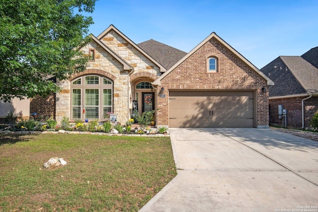 french country home with a front lawn, concrete driveway, an attached garage, stone siding, and brick siding
