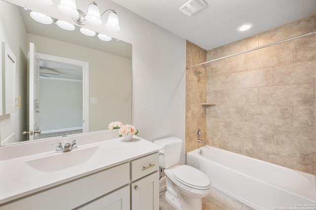 full bathroom with vanity, toilet, tile patterned floors, bathing tub / shower combination, and visible vents