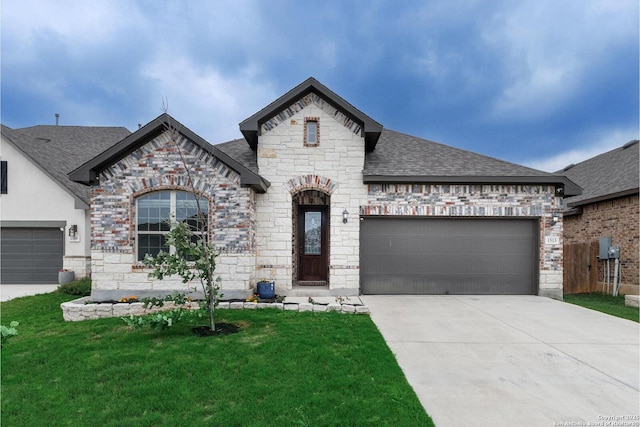 french country inspired facade featuring an attached garage, roof with shingles, driveway, and stone siding