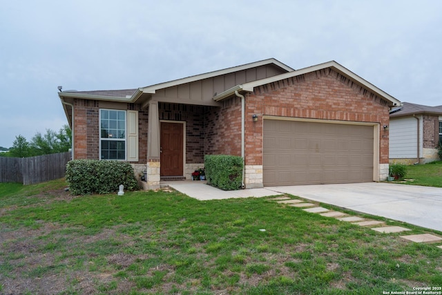 single story home with a garage, fence, concrete driveway, and a front yard