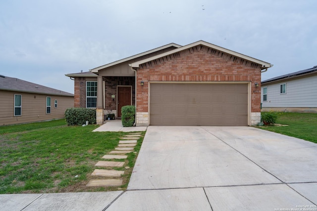 ranch-style home with stone siding, a front yard, brick siding, an attached garage, and driveway