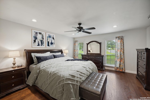7904 N Verde, San Antonio, TX 78240 - bedroom with dark wood-style floors, recessed lighting, a ceiling fan, and baseboards