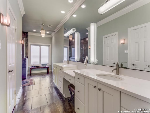 bathroom featuring crown molding, recessed lighting, tile patterned floors, and visible vents