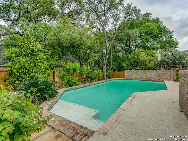 view of pool with a fenced backyard, a fenced in pool, and a patio area