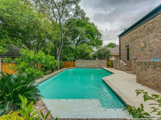 view of pool featuring a fenced backyard, a fenced in pool, and a patio