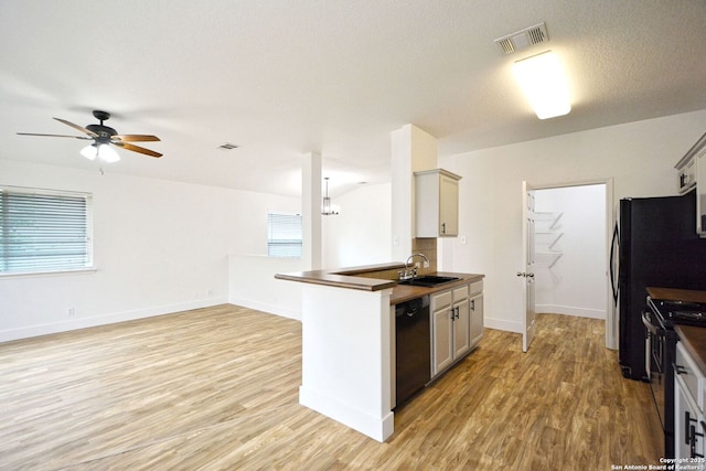 kitchen featuring visible vents, ceiling fan, light wood-type flooring, a sink, and black appliances