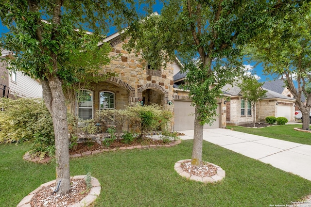 12422 Caprock Crk, San Antonio, TX 78254 - view of front of property with a garage, a front yard, driveway, and stone siding