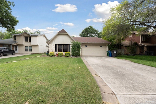 6927 Country Rose, San Antonio, TX 78240 - view of front of house featuring stone siding, driveway, a front yard, and a garage