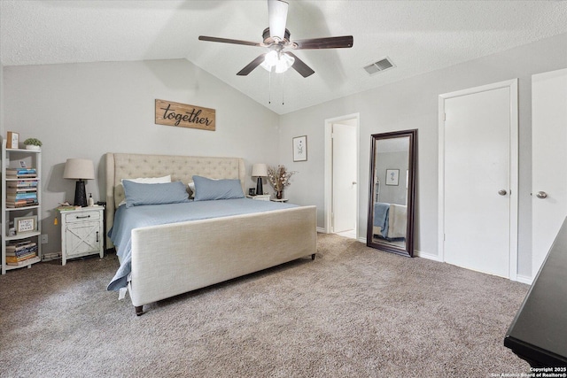 6927 Country Rose, San Antonio, TX 78240 - carpeted bedroom featuring a ceiling fan, a textured ceiling, visible vents, and vaulted ceiling