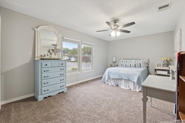 6927 Country Rose, San Antonio, TX 78240 - carpeted bedroom featuring baseboards, a ceiling fan, a textured ceiling, and visible vents