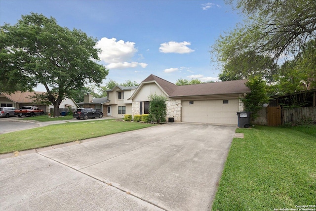 6927 Country Rose, San Antonio, TX 78240 - view of front of home with a garage, a front lawn, fence, stone siding, and concrete driveway