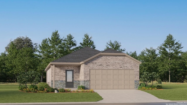 5219 Whirling Pl, San Antonio, TX 78253 - view of front facade featuring a garage, stone siding, a front yard, brick siding, and driveway