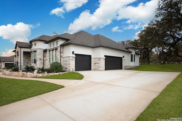 view of front of house featuring a front lawn, stone siding, a garage, stucco siding, and concrete driveway