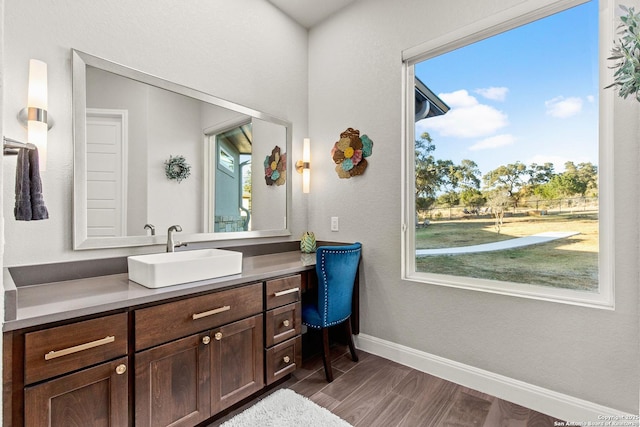 bathroom with baseboards, plenty of natural light, vanity, and wood finished floors