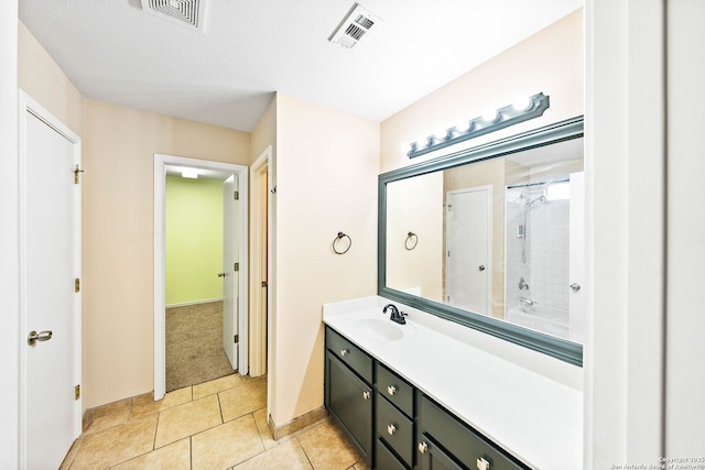 full bath with walk in shower, visible vents, tile patterned flooring, and vanity
