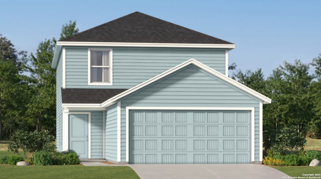 5728 Alope Way, Seguin, TX 78155 - traditional home with concrete driveway, a front yard, roof with shingles, and a garage