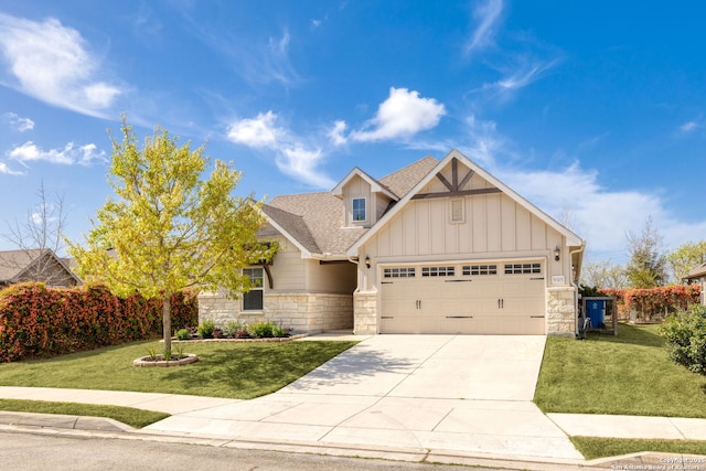 craftsman inspired home with a garage, a front lawn, board and batten siding, and stone siding