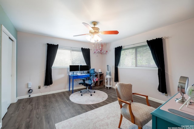 239 Sharon Dr, San Antonio, TX 78216 - office area with baseboards, a ceiling fan, and wood finished floors
