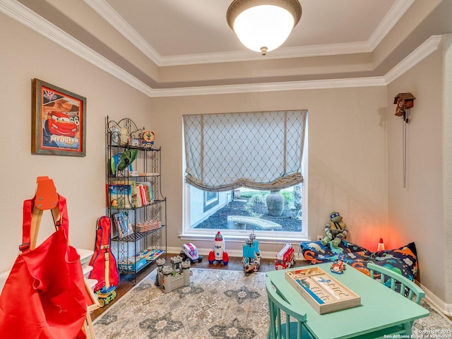 rec room featuring crown molding, baseboards, wood finished floors, and a raised ceiling