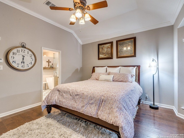 bedroom with dark wood-style flooring, baseboards, visible vents, and ornamental molding